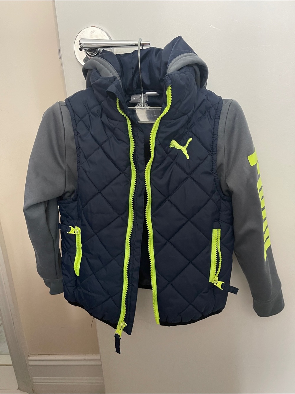Puma Kids Navy Quilted Vest with Gray Sleeves and Neon Yellow Accents